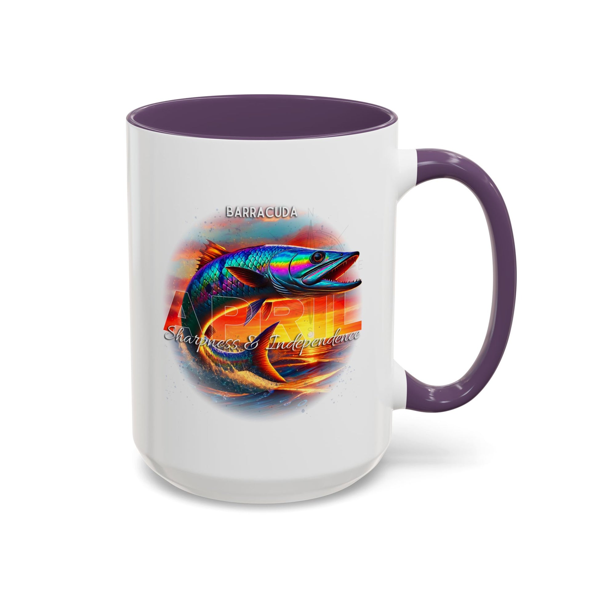 April Barracuda coffee mug with colorful Barracuda design and purple handle on a white background
