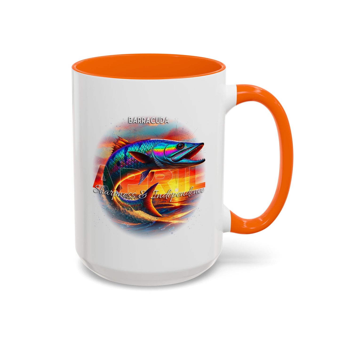 April Barracuda coffee mug with barracuda design and orange interior and handle on a white background
