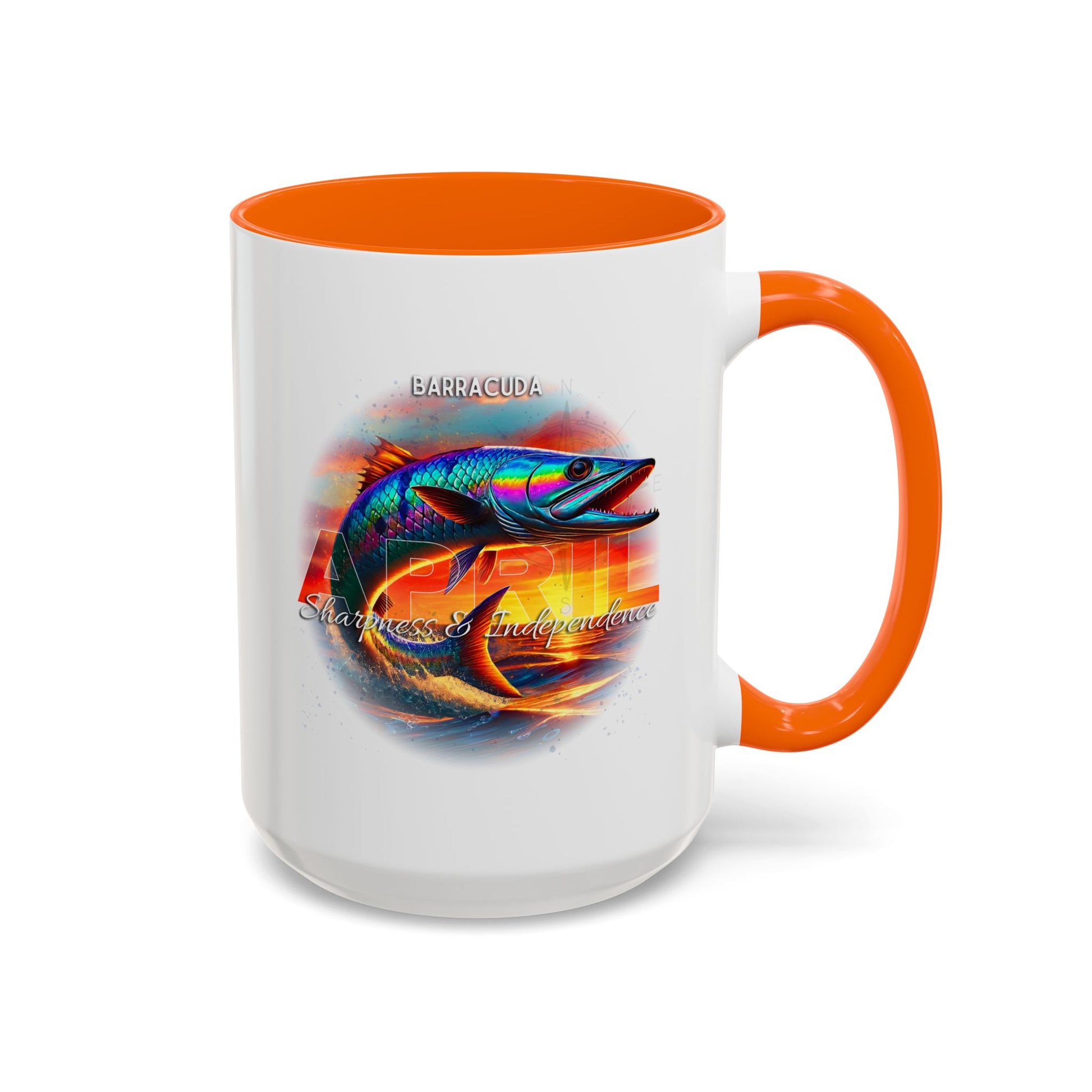 April Barracuda coffee mug with barracuda design and orange interior and handle on a white background