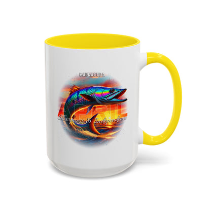 April Barracuda coffee mug with colorful barracuda design and yellow handle on a white background