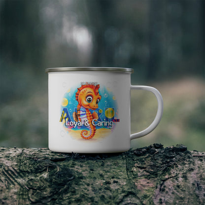 April birth month mug for kids with cute seahorse design and loyal caring text