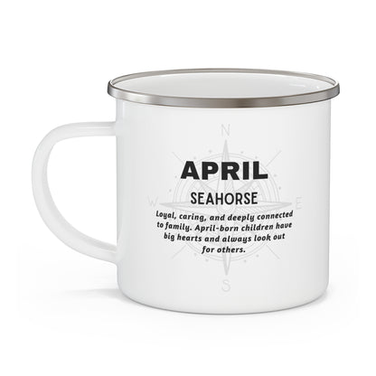 White April birth month mug for kids with seahorse design and family connection message