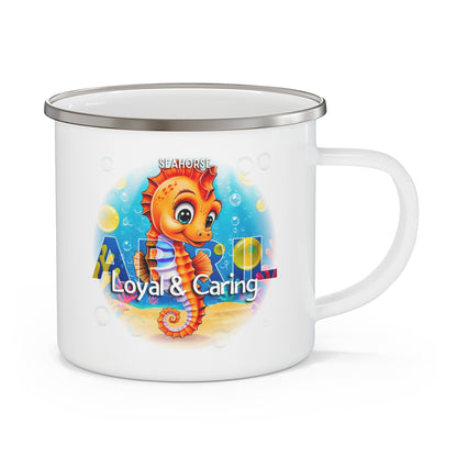 April birth month mug for kids featuring a cute seahorse design with loyal and caring text