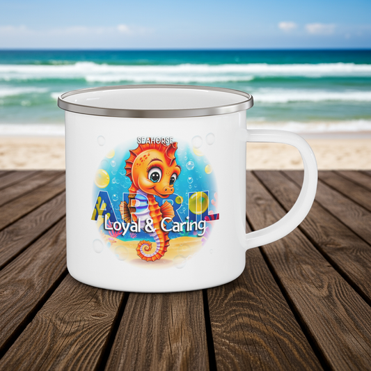 April birth month mug for kids featuring a loyal and caring seahorse design