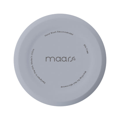 Dusty blue birth month 'maars' travel mug bottom branding and text on a white background