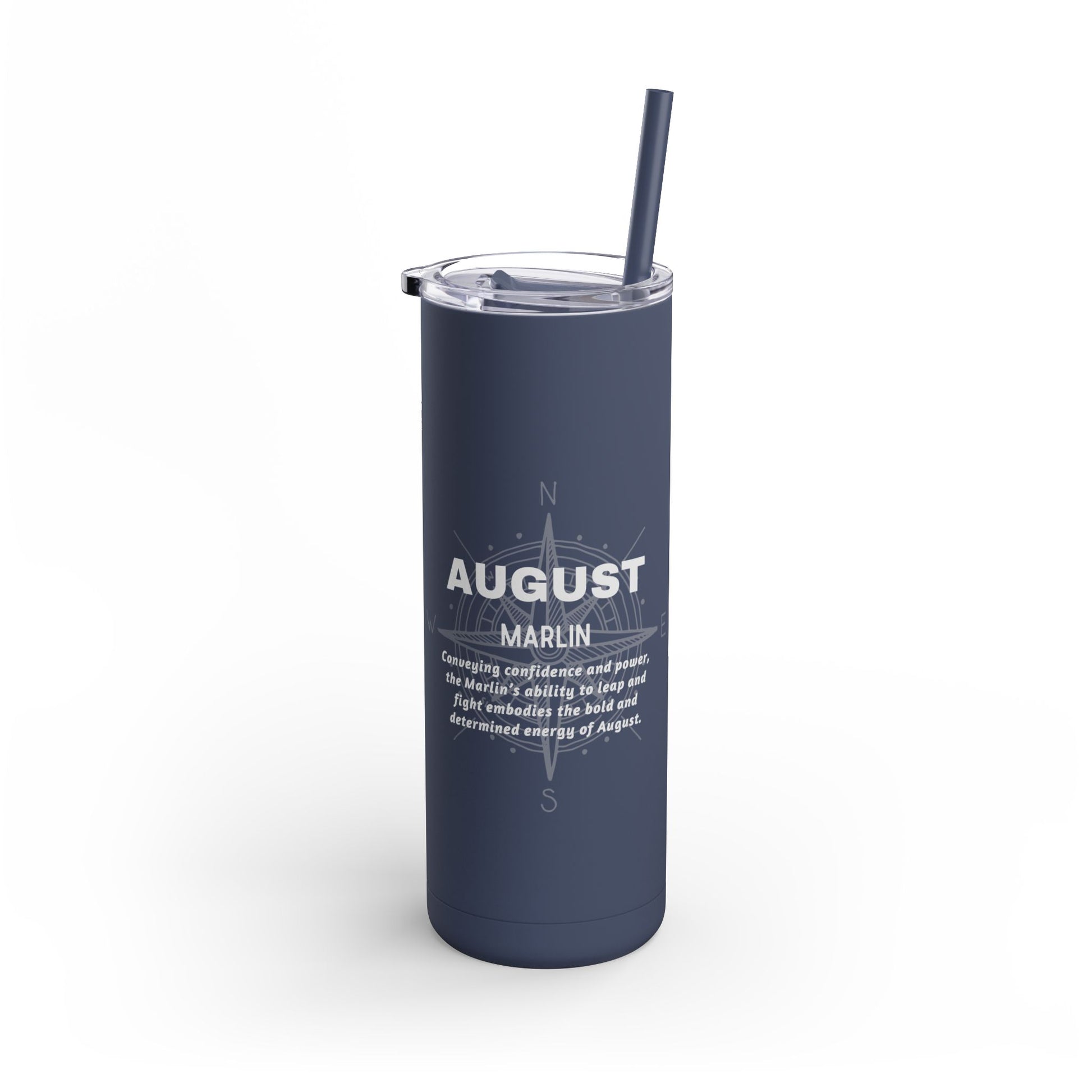 Purple birth month skinny travel tumbler with white text on a white background. August Marlin design