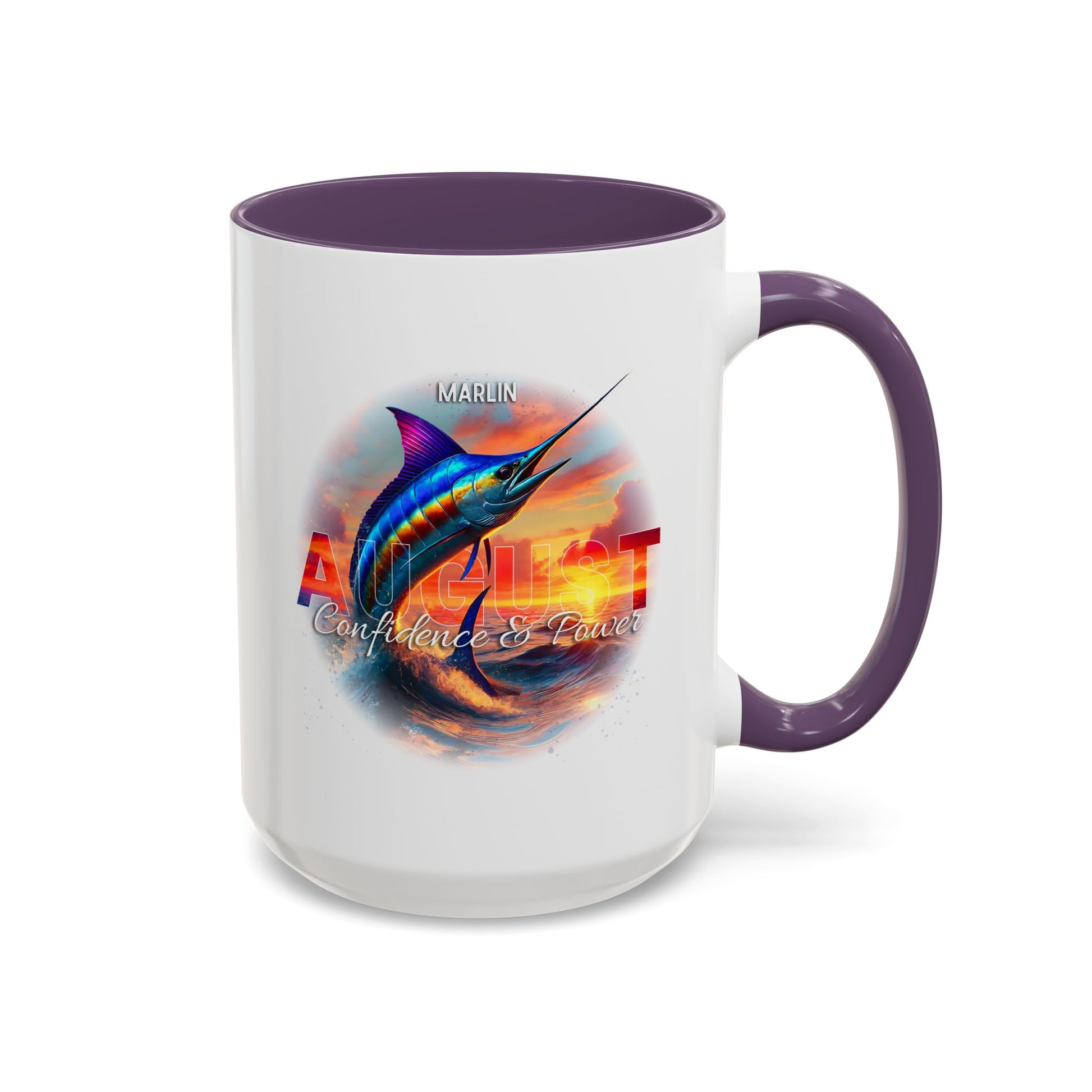 Birth month coffee mug with August Marlin design and text on a white background