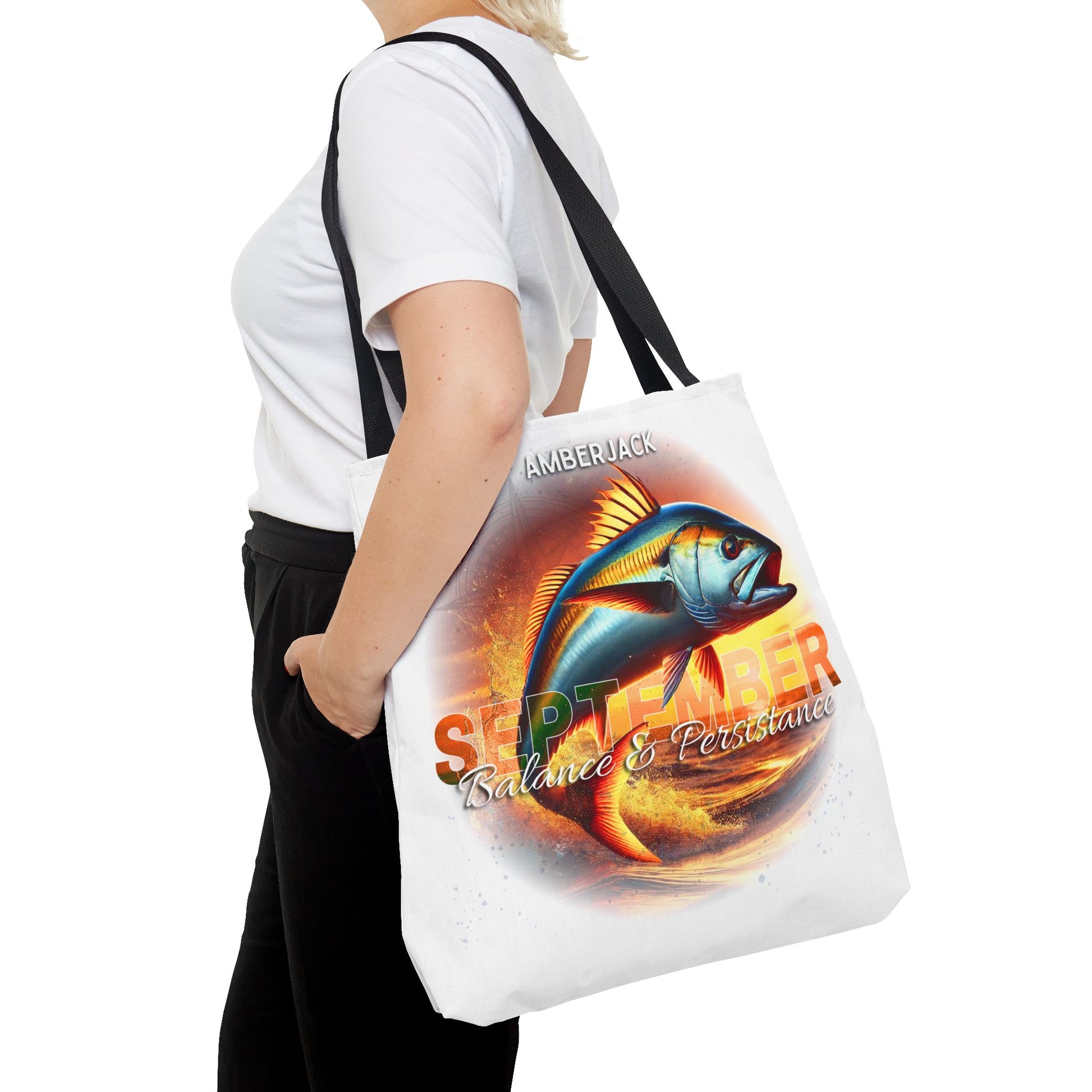Birth month beach tote with colorful September fish design and black shoulder straps