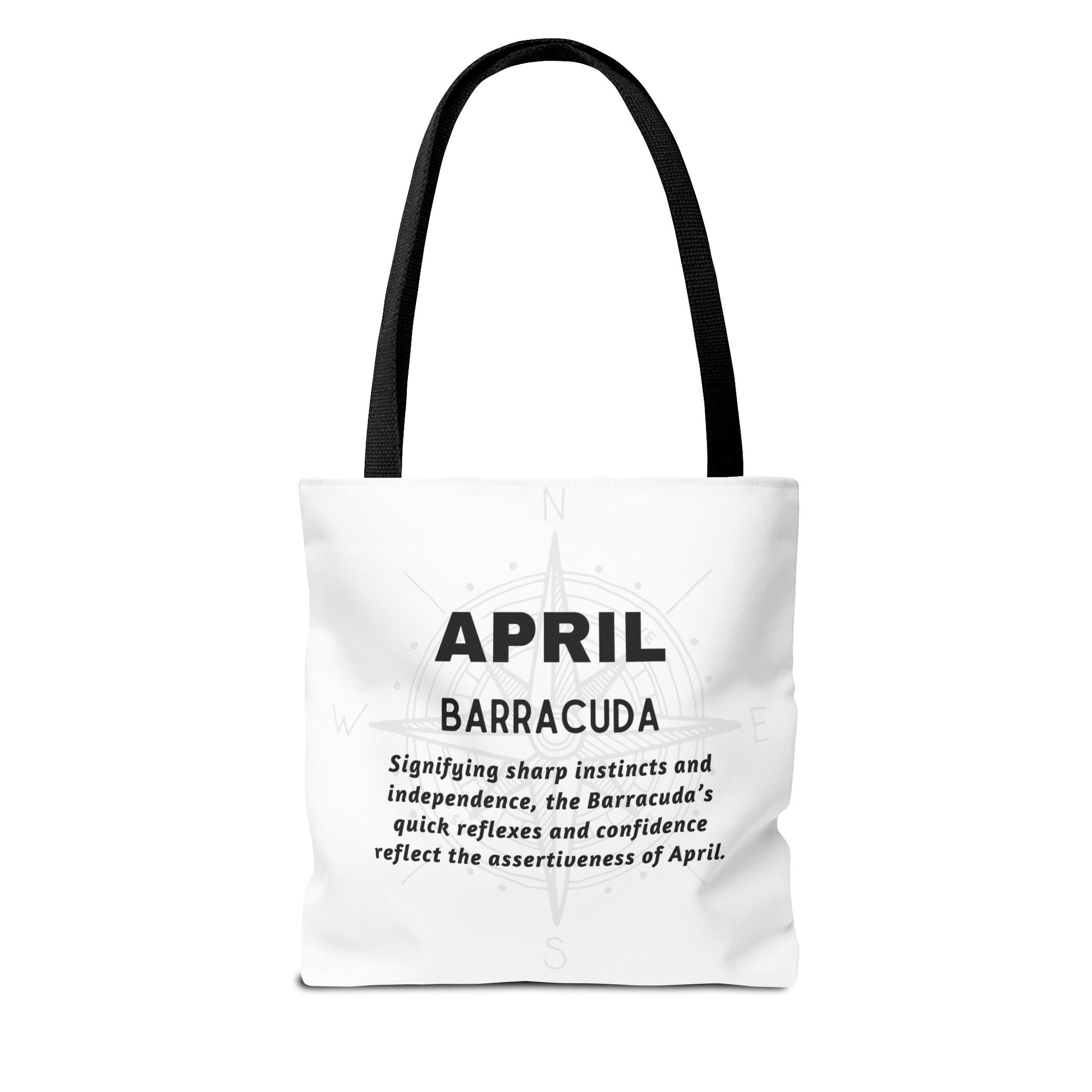 April birth month beach tote with barracuda design and motivational text on white background