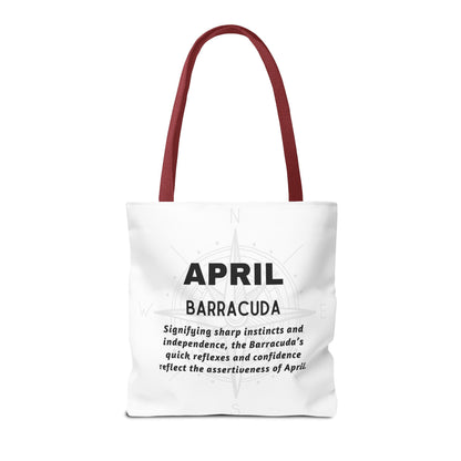 Birth month beach tote with April Barracuda design and descriptive text on white fabric