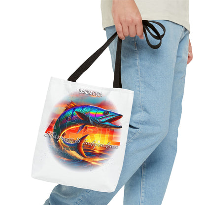 Person holding a birth month beach tote featuring a colorful barracuda design with black handles