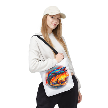 Woman wearing white hoodie carrying a birth month beach tote with colorful fish design