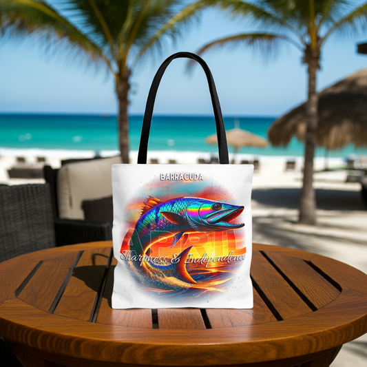 Birth month beach tote with colorful barracuda design on white fabric with black handles