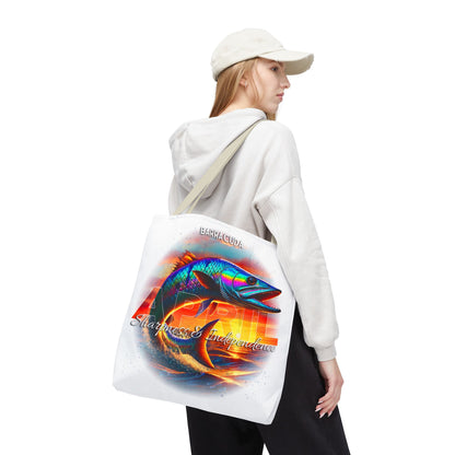 Birth month beach tote with colorful barracuda design carried by woman in casual outfit