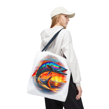 Birth month beach tote with colorful barracuda fish design carried by woman in white hoodie and cap