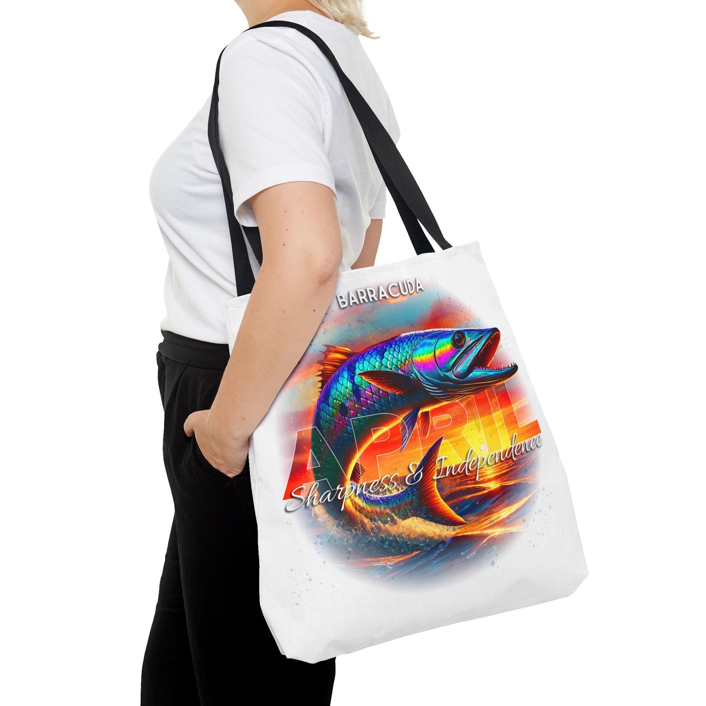 Birth month beach tote featuring colorful barracuda fish design with April text