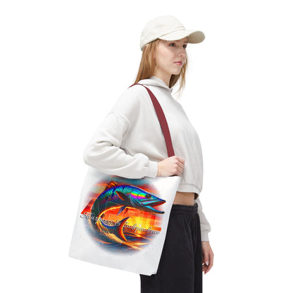 Birth month beach tote with colorful fish design carried by woman in casual outfit