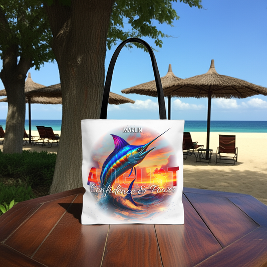 Birth month beach tote with vibrant marlin design and August confidence and power text