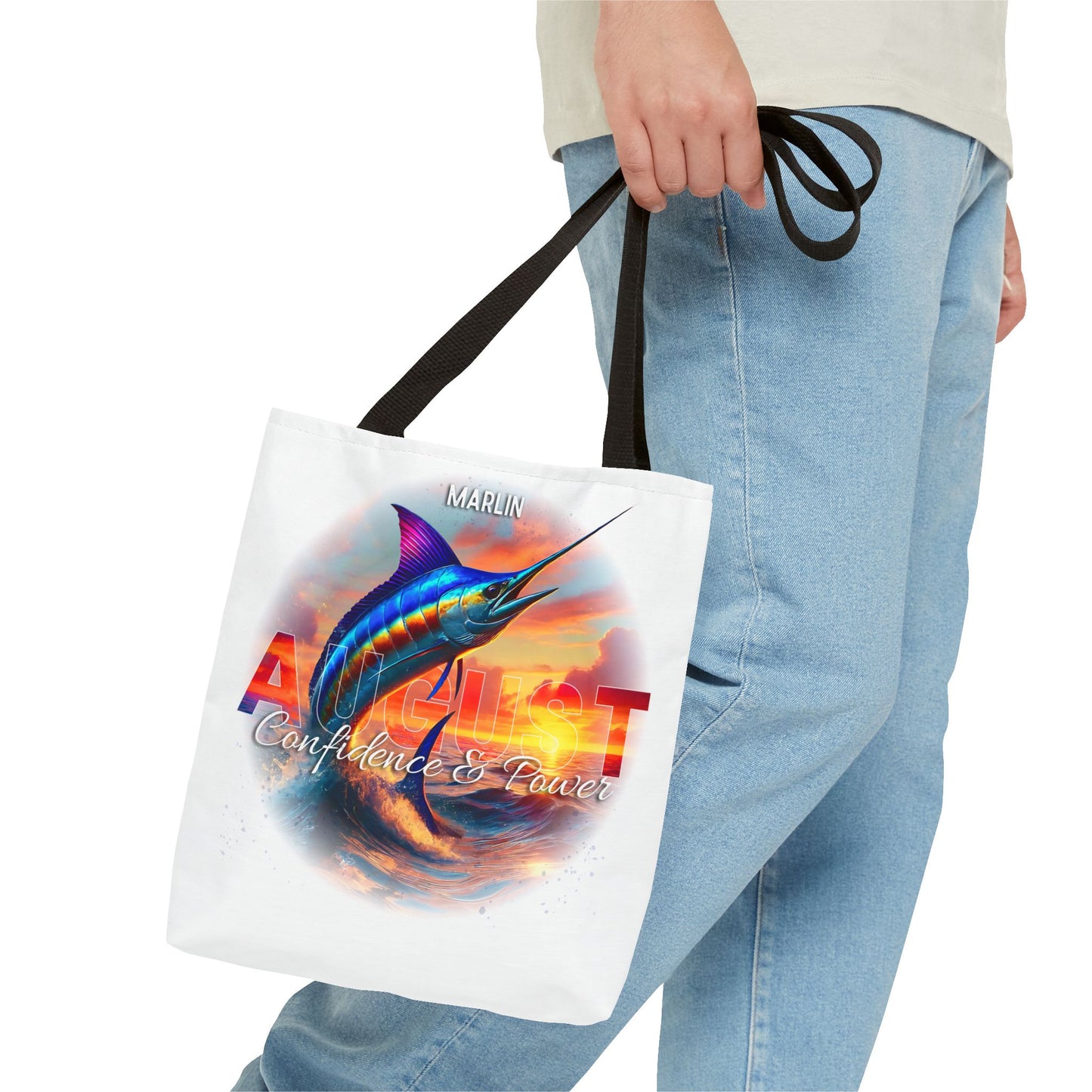Birth month beach tote with August marlin design and confidence and power text