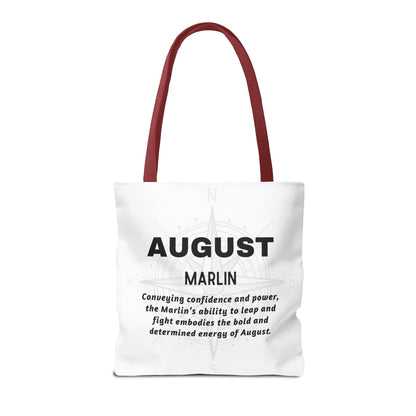 August birth month beach tote with marlin design and maroon handles