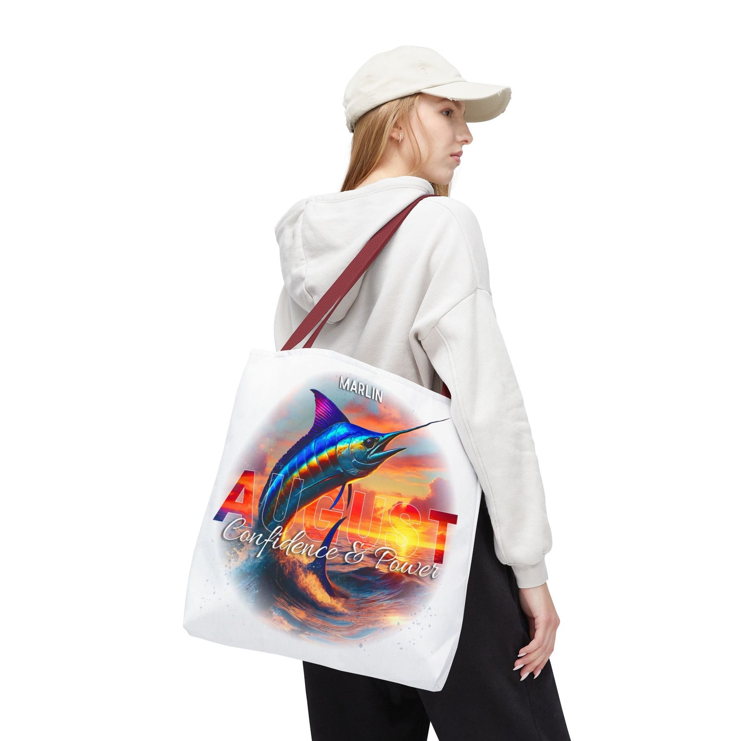Birth month beach tote with marlin fish design and August confidence and power text