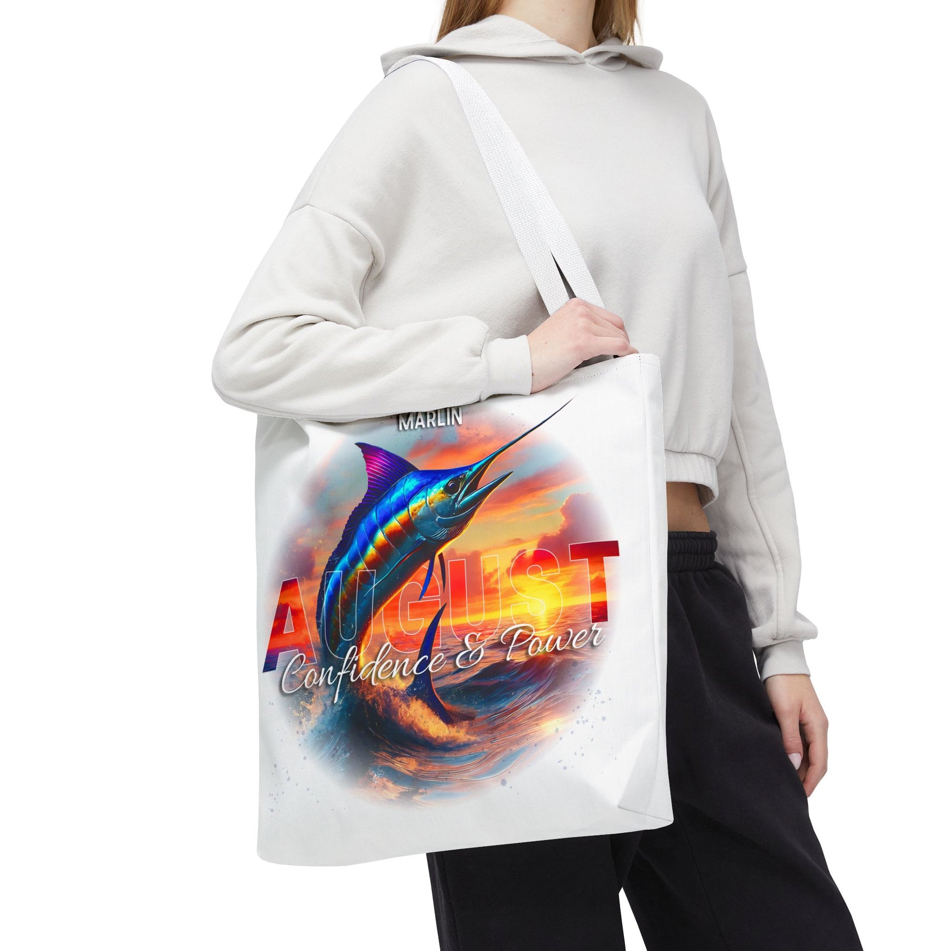 Birth month beach tote with August marlin design confidence and power text