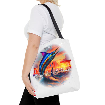Birth month beach tote with August marlin design featuring colorful fish and ocean wave graphic