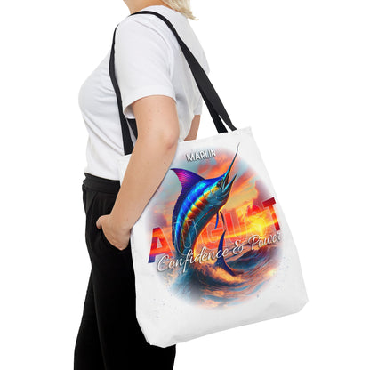 Birth month beach tote with colorful marlin and August confidence and power design
