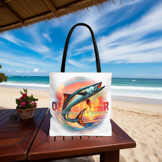Birth month beach tote with colorful December fish design on sandy beach background