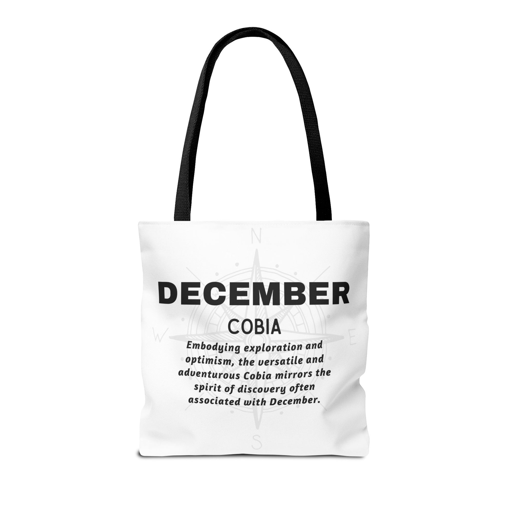 December birth month beach tote with black handles and inspirational text design
