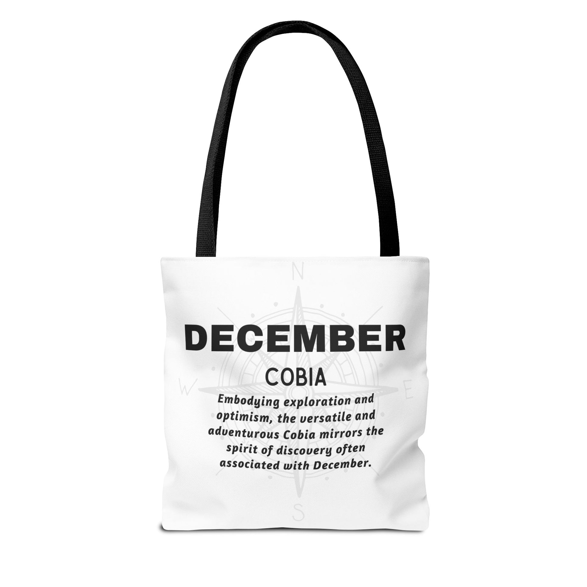 Birth month beach tote in white with December Cobia text and black handles