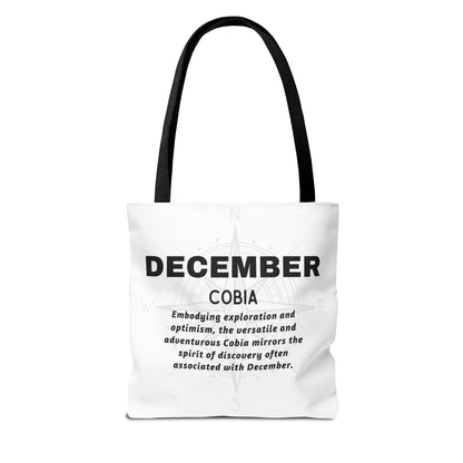 Birth month beach tote in white with December Cobia text and black handles