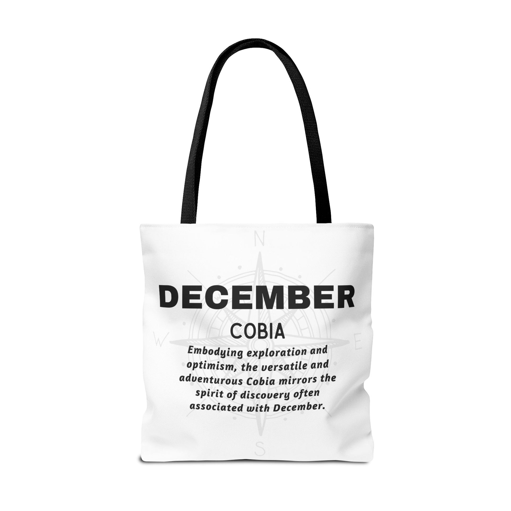 December birth month beach tote by Printify with black handles and inspirational text design