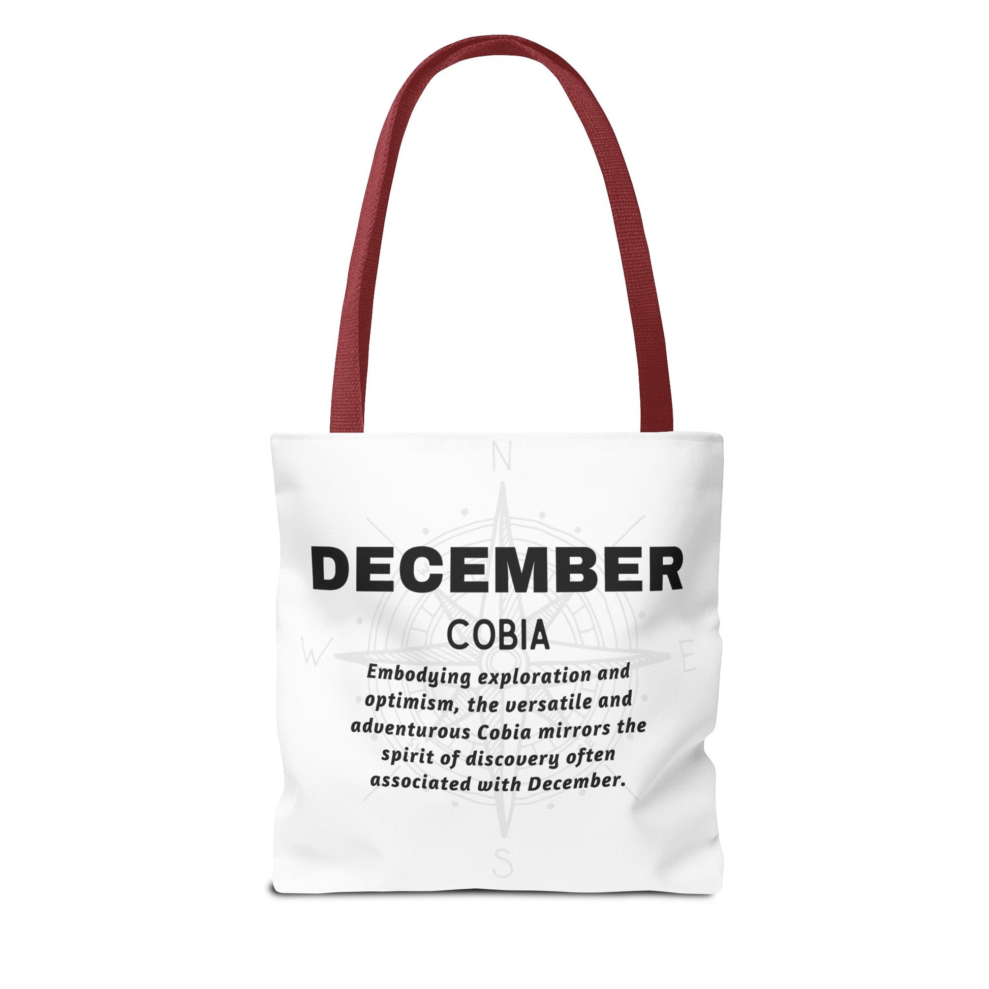 December birth month beach tote with red handles and inspirational text design