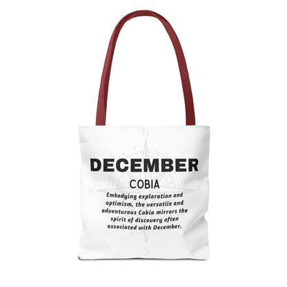 December birth month beach tote with red handles and inspirational text design