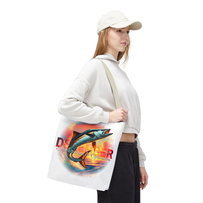 Birth month beach tote bag with colorful fish design carried by woman in casual outfit