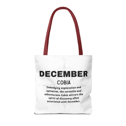December birth month beach tote with Cobia design and inspirational text for explorers