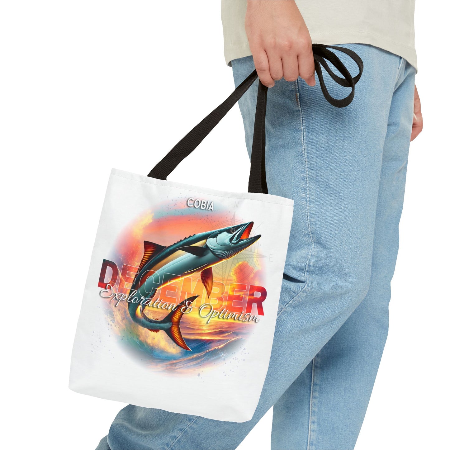 Birth month beach tote with colorful December fish design and black handles