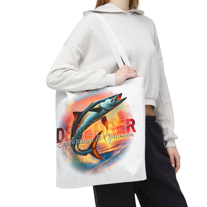 Birth month beach tote with vibrant fish design and exploration optimism text