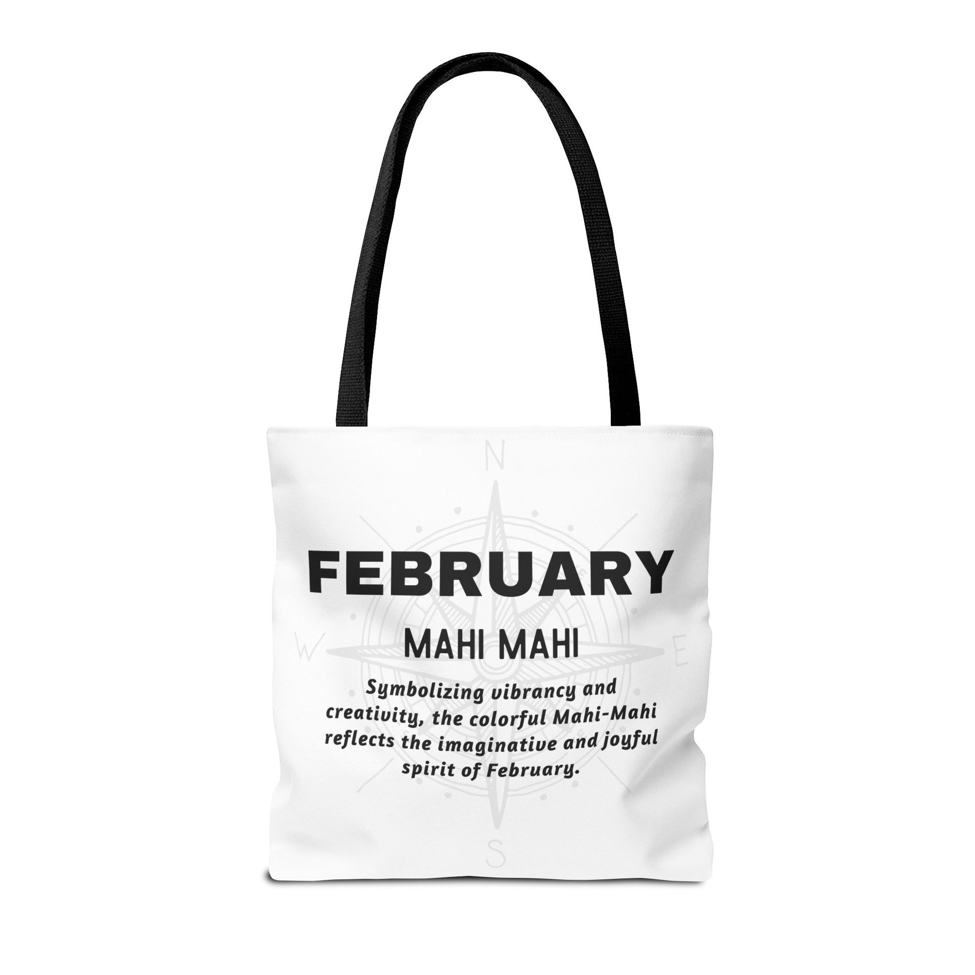 Birth month beach tote with February Mahi Mahi design and black handles