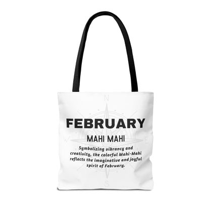 Birth month beach tote with February Mahi Mahi design and black handles