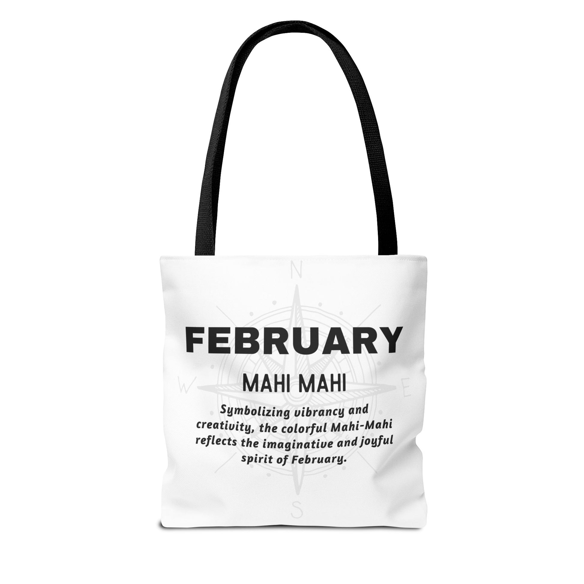 February birth month beach tote with Mahi Mahi design and creative vibrant text print