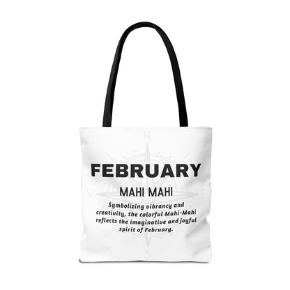 February birth month beach tote with black handles and creative Mahi Mahi design