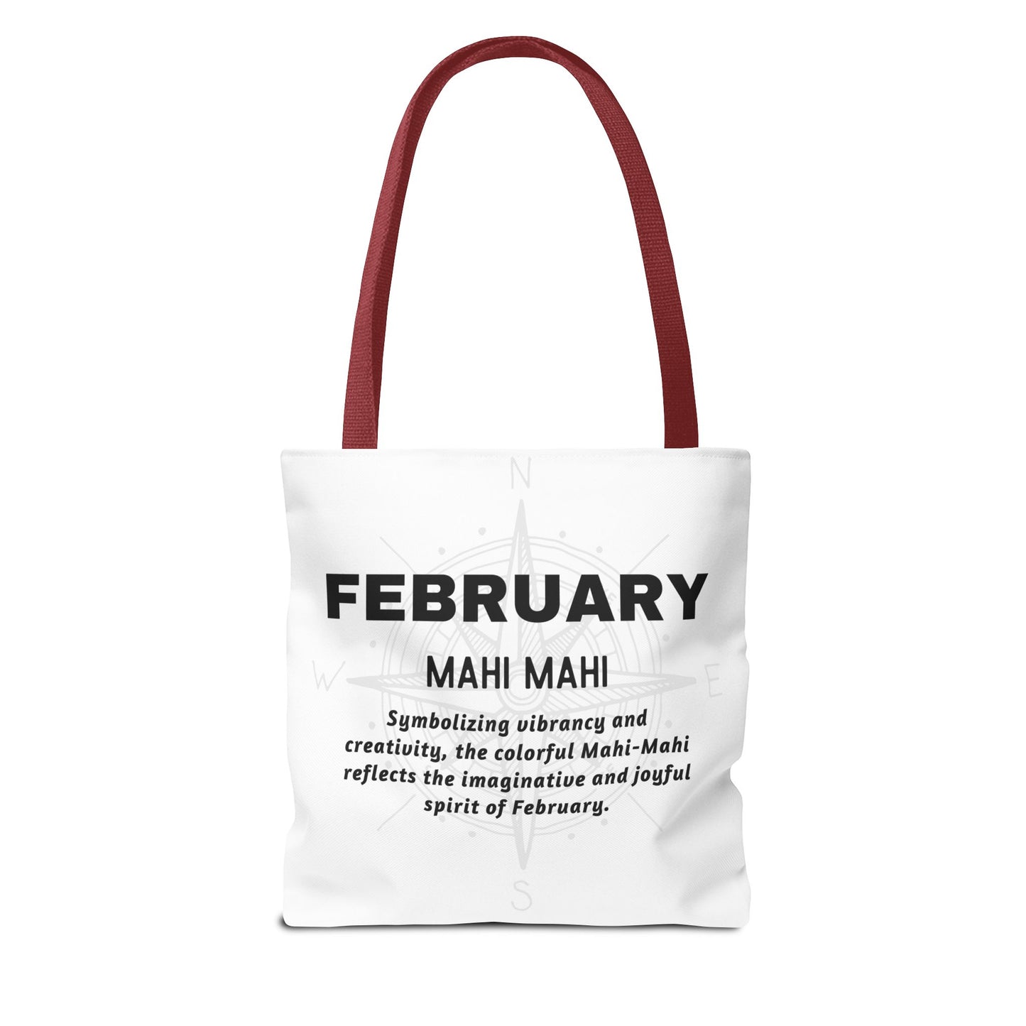 February birth month beach tote with maroon handles and inspirational text design