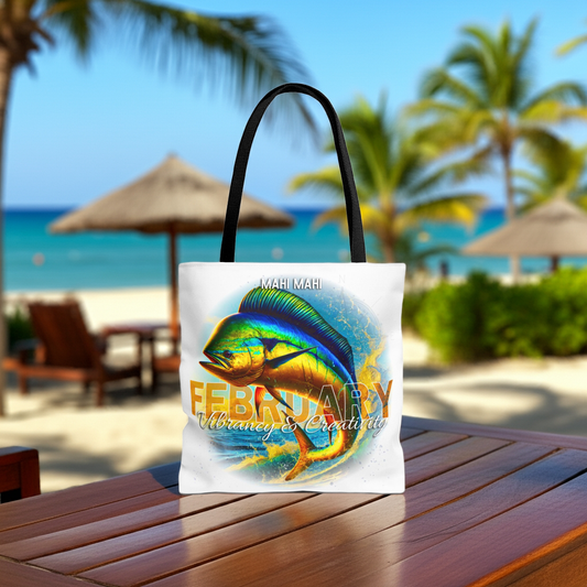 Birth month beach tote with vibrant February mahi mahi fish design and black handles