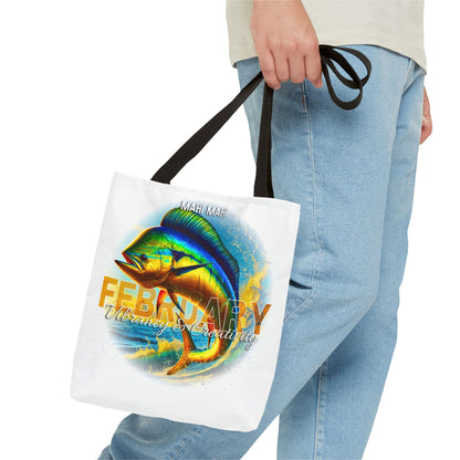 Birth month beach tote with colorful February fish design and black handles
