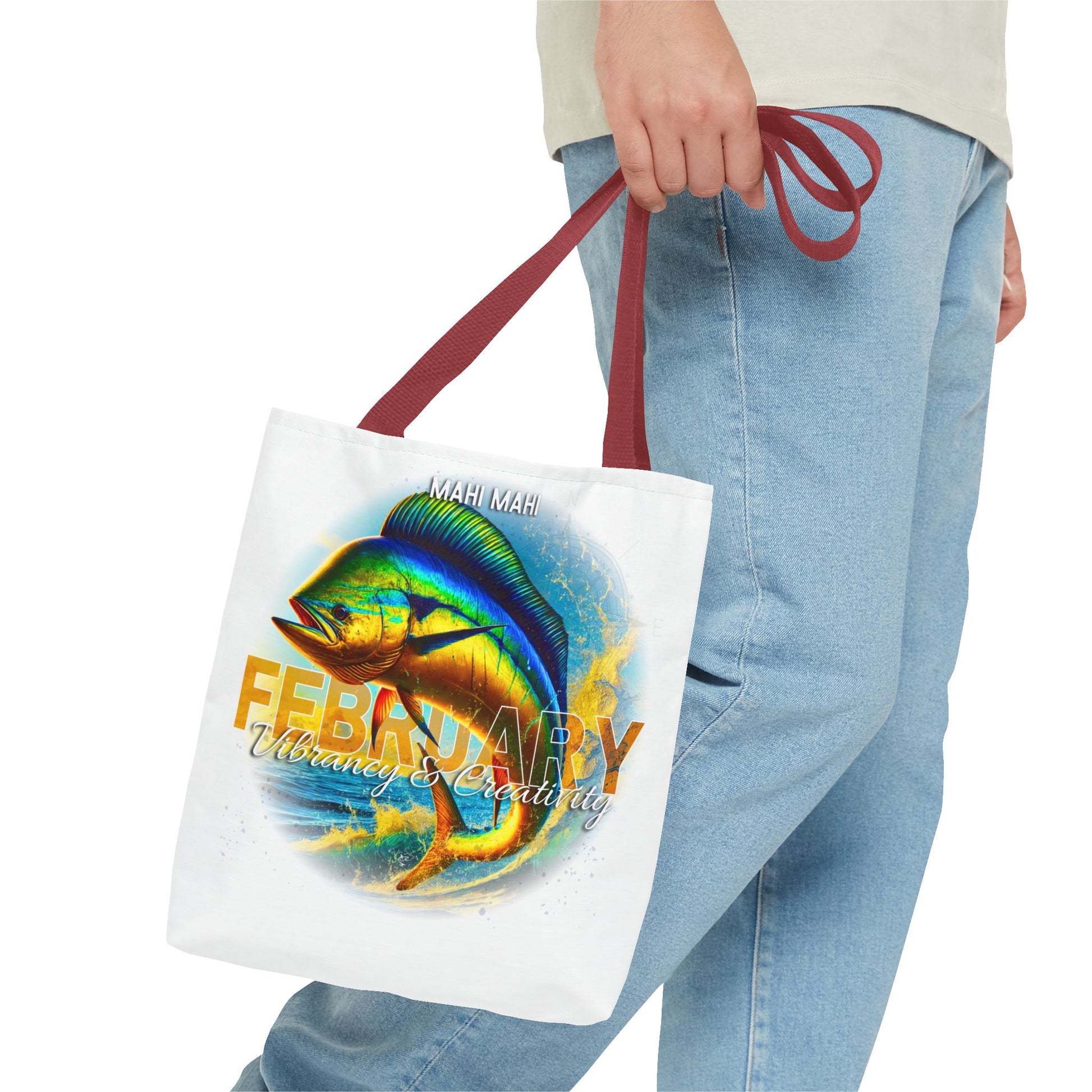 Birth month beach tote with colorful mahi mahi fish design for February beach lovers