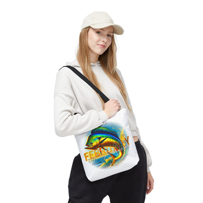 Birth month beach tote bag with colorful February fish design worn by woman