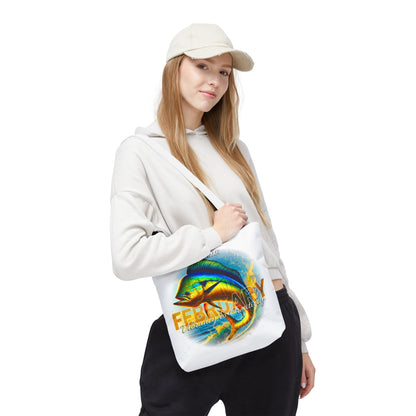 Young woman wearing a white birth month beach tote with colorful fish and February design