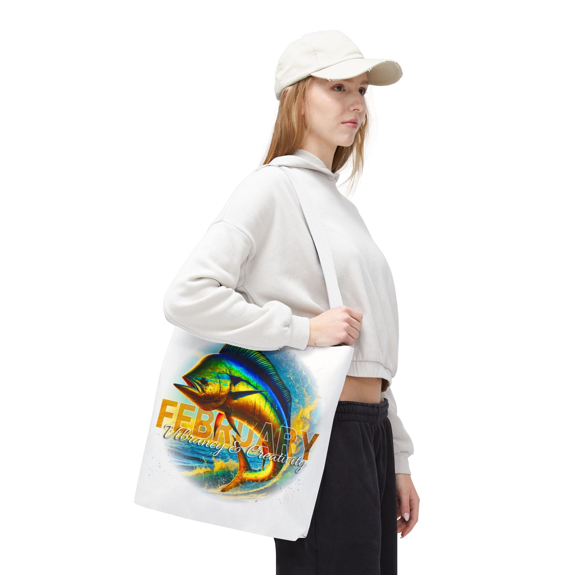 Woman carrying birth month beach tote with February fish design and colorful artwork